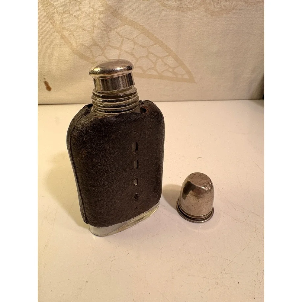 Antique Glass Hip Flask Leather Wrapped Metal Cup Cap Pocket Spirit Bottle 5.5in